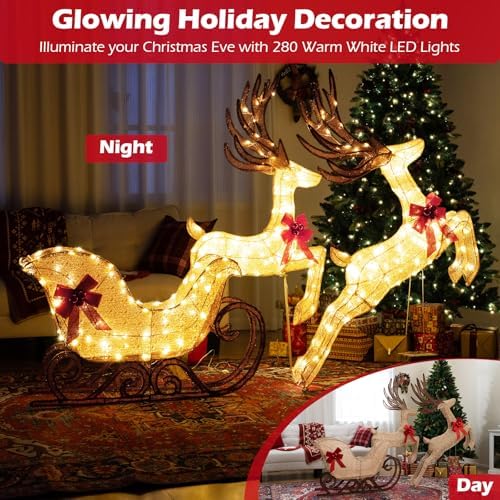 Tangkula 3-Piece Christmas Lighted Reindeer & Sleigh Set, Gold