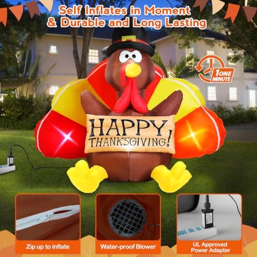 Danxilu 6 FT Thanksgiving Inflatables Turkey Outdoor Decorations with LEDs