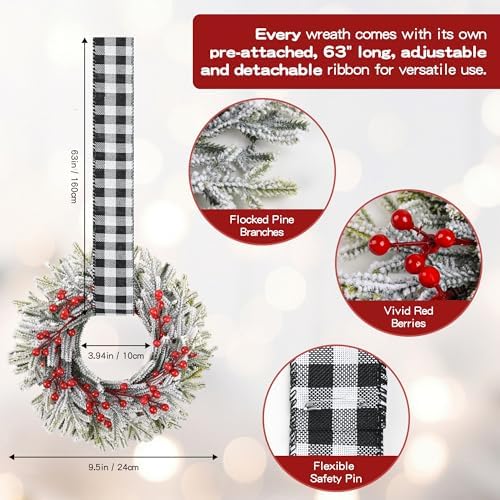 12 Pcs 9.5'' Small Christmas Kitchen Cabinet Wreaths with Adjustable Ribbon Mini Hanging Christmas Wreath Candle Rings Artificial Norfolk Pine Wreath for Door Window Wall (White & Black Plaid)