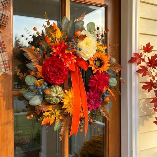 Fall Floral Wreaths for Front Door, 24 Inch Autumn Outdoor Wreath