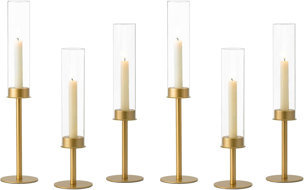 Hewory Gold Candlestick Holders: 6PCS Glass Hurricane with Brass Base