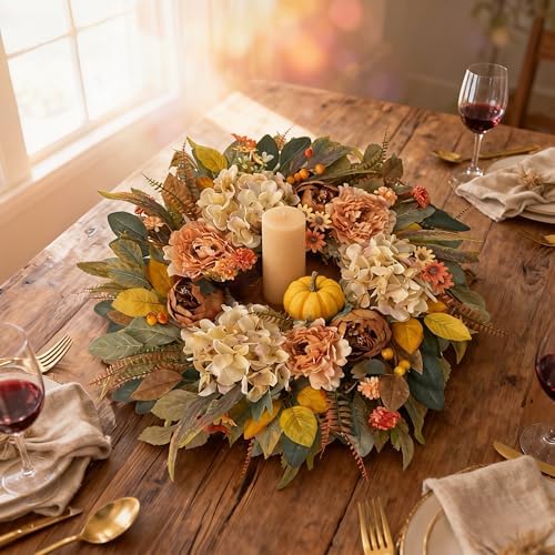 HipTree 24 Inch Fall Hydrangea Peony Wreath for Front Door