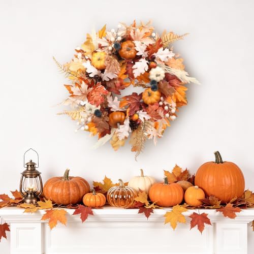 Fall Wreath for Front Door, 22 Inch Woodland Autumn Harvest Wreath