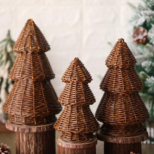 MiniInflat 3 Pcs Woven Rattan Christmas Tree Decor, Classic Weave, Brown