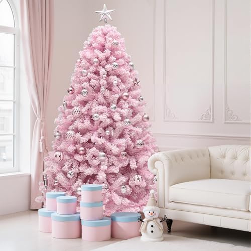YITAHOME 6FT Prelit Pink Flocked Christmas Tree with Warm-White Lights