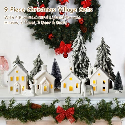 Christmas Decorations Indoor - 9 Piece Christmas Village Sets with 4 Remote Control Lighted Ceramic Houses, 2 Trees, 2 Deer & Santa - Neutral White Farmhouse Holiday Decor for Home Table Room(White)