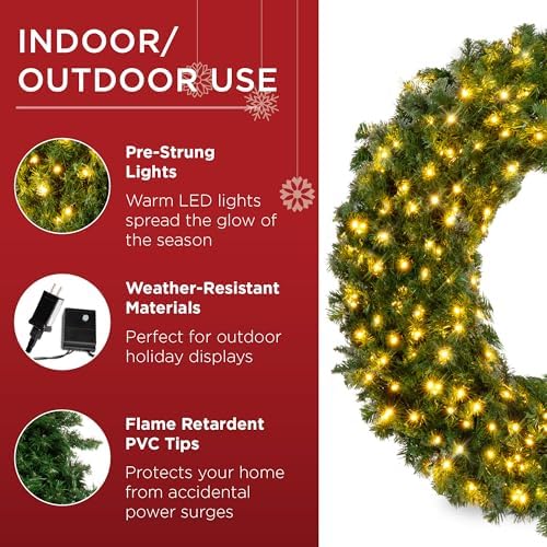Best Choice Products 30in Large Artificial Pre-Lit Fir Christmas Wreath Holiday Accent Decoration w/ 100 LED Lights, 220 PVC Tips