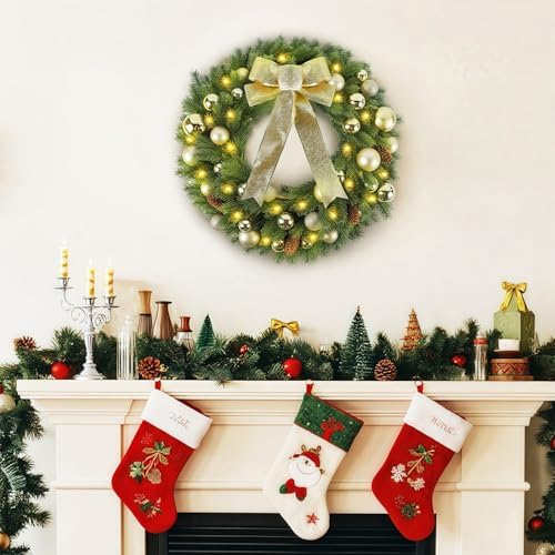 Hausse 21" Lighted Christmas Wreath with Metal Hanger, Pre-lit Xmas Folded Wreath with LED Lights, Golden Bow & Balls, Battery Operated & Timer for Front Door Gate Wall Holiday Party Decor
