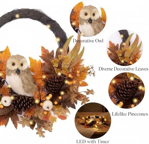 Valery Madelyn 24'' Collapsible Fall Wreath for Front Door with Owl Pumpkin