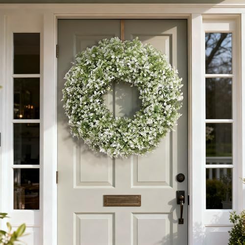 26" Large Artificial Boxwood Wreath for Front Door Decoration (White-Green)