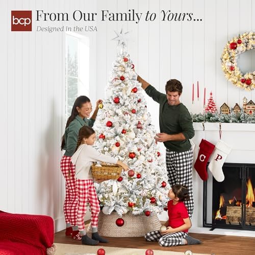 Best Choice Products Pre-Lit White Christmas Tree, 6ft Artificial Snow Flocked Full Fir Tree, Holiday Decoration w/ 250 Lights, 928 Branch Tips