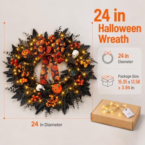 24 in Halloween Wreath for Front Door, Black Skeleton Spider Web Door Decor