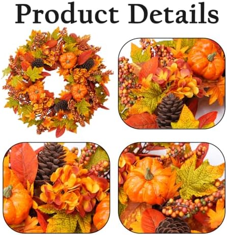 24 Inch Harvest Fall Wreath, Farmhouse Pumpkin Pinecone Autumn Wreath with Maple Leaves & Hydrangeas, Rustic Artificial Wreath for Front Porch Wall Window, Thanksgiving Home Decor