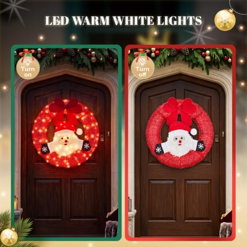 VINGLI 24 Inch Lighted Christmas Wreath with Swinging Figure Santa, Plug-in