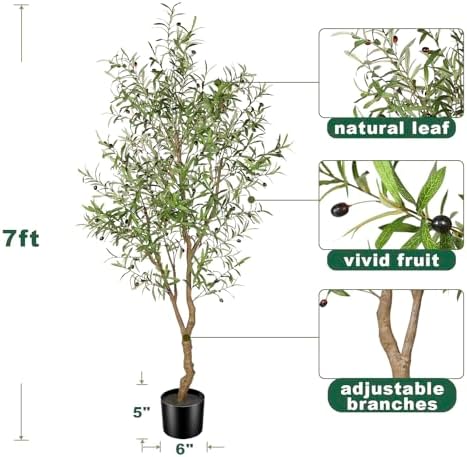 FEELEAD 7ft Faux Olive Tree with Natural Olive Branches & Realistic Leaves