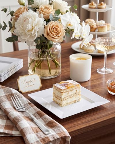 bUCLA 100PCS White Square Plastic Plates-6inch Disposable Cake Plates- Premium Hard Square Small Appetizer Plates for Wedding/Party