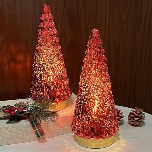 Red Glass Christmas Tree 3pcs, Small Tabletop Mercury Christmas Tree with Light, Battery Operated Xmas Tree for Fireplace Bathroom Decor 10"