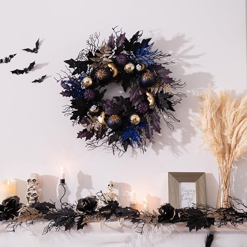 DecorbyHannah 24'' Pumpkins Halloween Wreath with Lights for Front Door