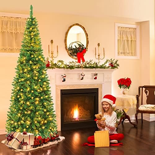 Goplus 7.5ft Prelit Pencil Christmas Tree, Premium Hinged Fir Tree, with Warm White LED Lights and Solid Metal Stand, Easy Assemble, Ideal Artificial Xmas Tree for Home and Office