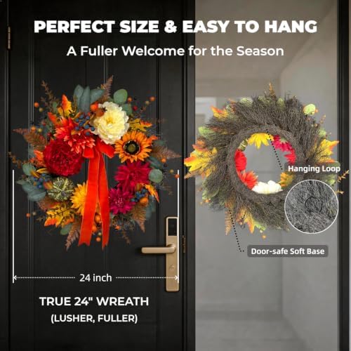 Fall Floral Wreaths for Front Door, 24 Inch Autumn Outdoor Wreath
