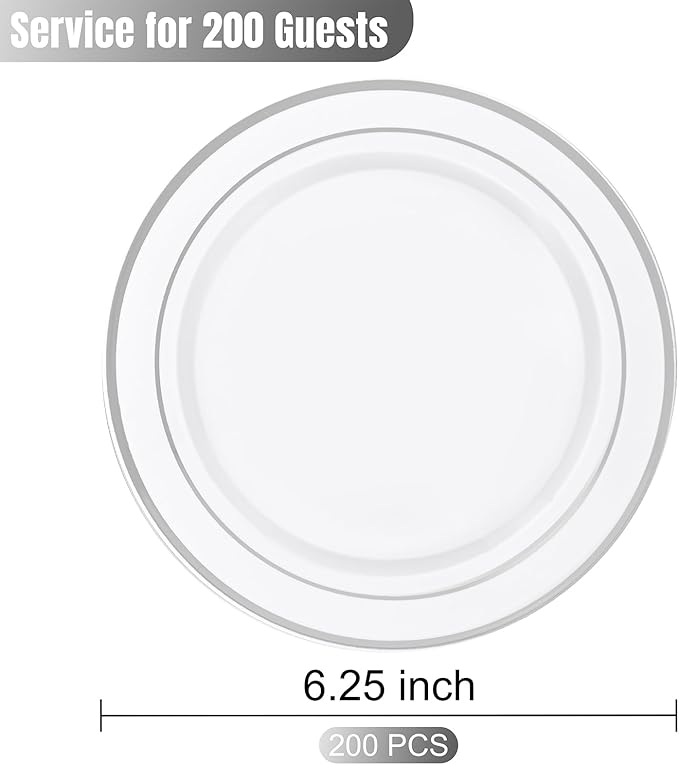 bUCLA 200PCS Silver Plastic Plates - 6.25inch White with Silver Trim Disposable Salad/Dessert/Appetizer/Small Cake Plates - Ideal for Wedding & Party