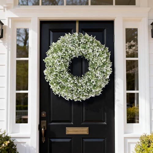 26" Large Artificial Boxwood Wreath for Front Door Decoration (White-Green)