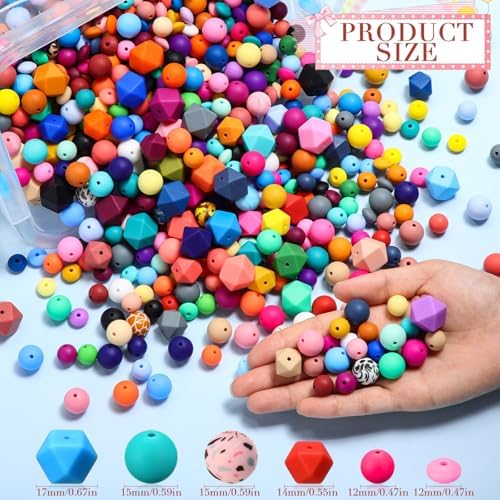 Hotop 636 Pcs Silicone Beads for Keychain Making Kit, 12mm15mm Round 14mm17mm Polygonal Silicone Rubber Beads for Keychain DIY Necklace Bracelet Jewelry Making Supplies