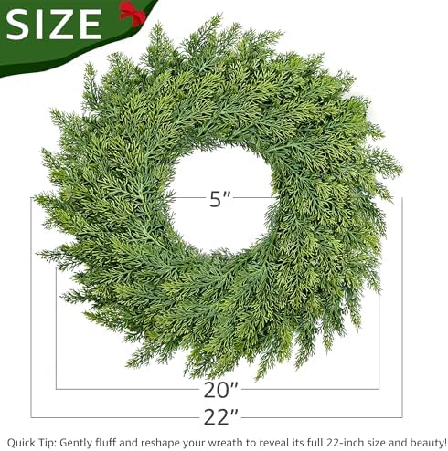22 inch Real Touch Cedar Wreath, Artificial Greenery Holiday Decor