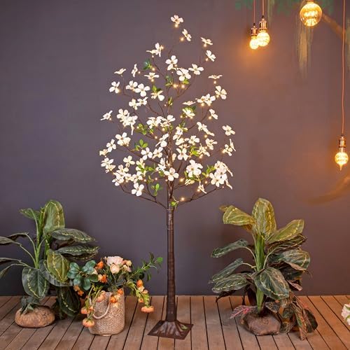 6FT Lighted Dogwood Tree 120 LED Artificial Flowers Tree with Lights for Decor Inside and Outside Home Patio Wedding Festival Christmas Decoration Warm White