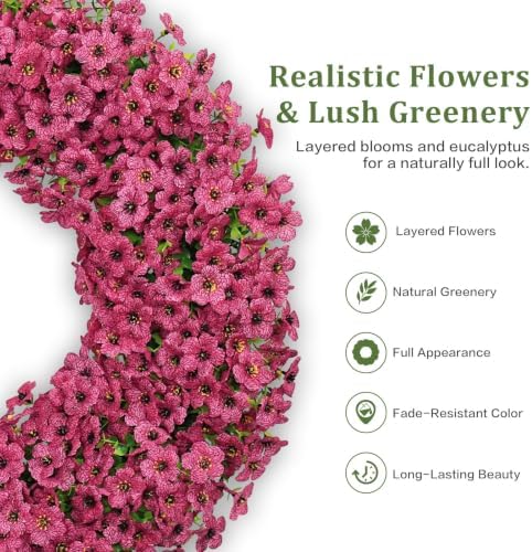 24" Fuchsia Artificial Floral Wreath for Front Door Outside All Seasons
