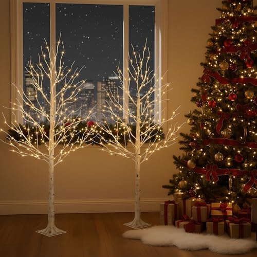 EAMBRITE Lighted Birch Tree, 6ft Prelit White Christmas Trees Outdoor 2Pack