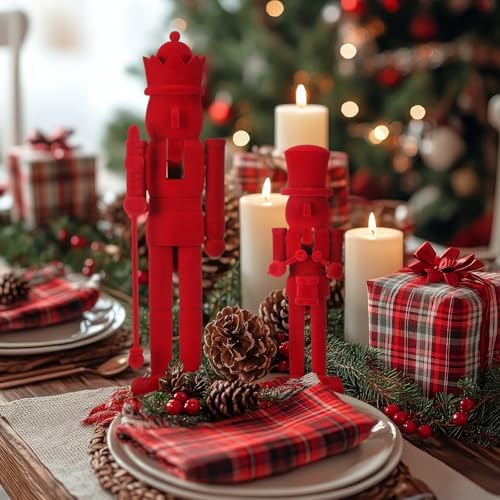 2pc Christmas Nutcracker Figures, Red, Wooden+Velvet