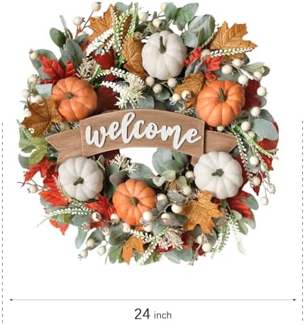 24 Inch Fall Pumpkin Maple Leaves for Front Door, Autumn White Orange Pumpkin Greenery Leaves Wreath for Indoor Outdoor, Welcome Sign Pumpkin Wreath