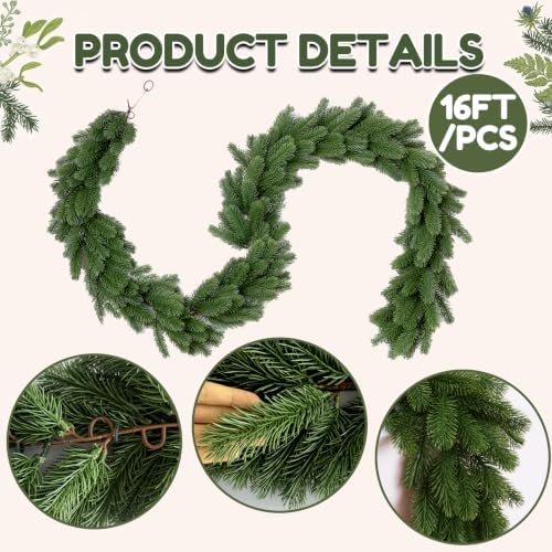 16FT 1Pcs Prelit Realistic Faux Norfolk Pine Garland for Christmas Decor