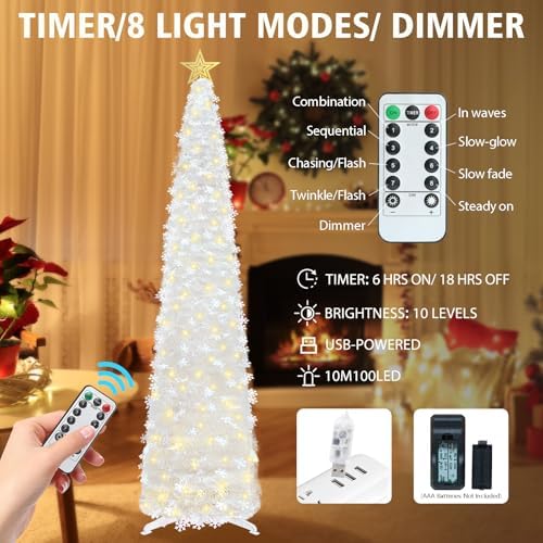 HMASYO 6 FT Pop Up Tinsel Christmas Tree with 100 LED Timer Lights & Remote, White Collapsible Artificial Pencil Tree with Snowflake Ornaments Xmas Decoration for Home, Office, Party, USB Powered