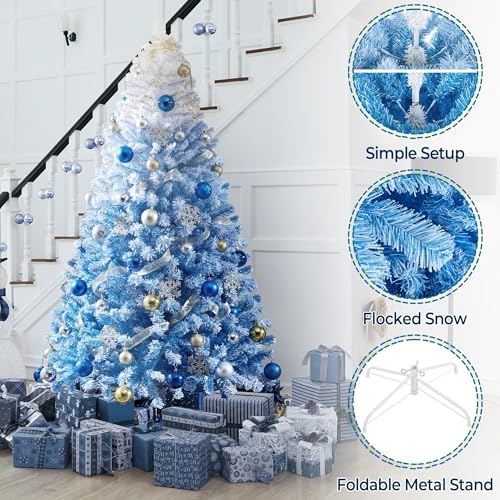 Yaheetech 6ft Premium Snow Flocked Artificial Christmas Tree Hinged Pine Full Holiday Xmas Tree for Home Office Party Decoration w/820 Branch Snow Tips & Metal Stand, Blue Gradient & White