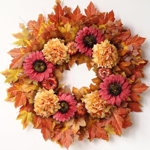 28" Large Artificial Fall Wreath with Flowers for Front Door Decor (Orange)