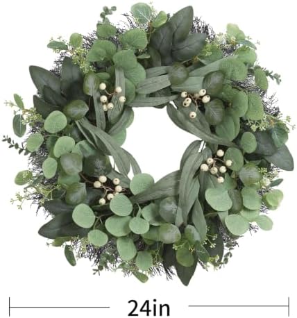 24 Inch Eucalyptus Wreath for Front Door, Fall Decor with White Berries