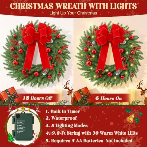 24'' Christmas Wreath with Lights, Christmas Norfolk Wreaths for Front Door
