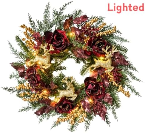 Svndlyn 22 Inch Lighted Burgundy Christmas Wreath with Timer and Reindeer