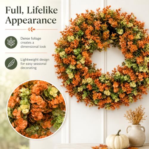 24 Inch Artificial Fall Boxwood Wreaths for Front Door, Foldable