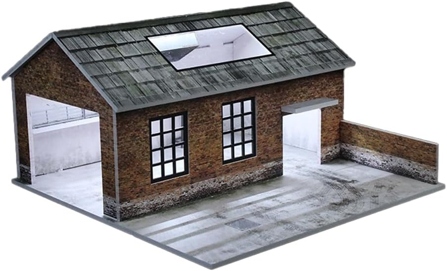 1/64 Diorama Old Factory Garage Model, LED Lighting Workshop Parking Lot Scene Display Case, Diecast Model Cars Parking Lot Building, American Diorama (Dilapidated Factory)
