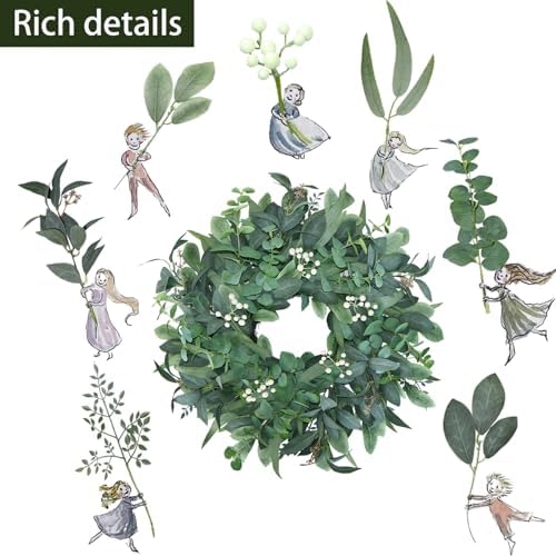 24"-26“ Green Eucalyptus Wreaths for Front Door with White Berries – Lifelike Spring, Summer, and Winter Wreath for Farmhouse Front Porch, Window, Door Decor
