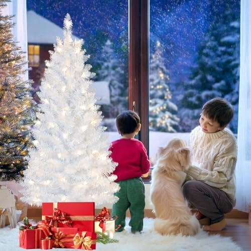 4ft Lighted Artificial White Christmas Tree | Leeheeyee Small Christmas Tree, Not Pre-lit White Tinsel Pine Trees with Lights, Ideal for Home, Office, and Xmas Tree Party Décor