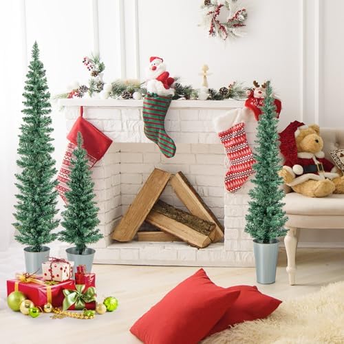 Goplus Set of 3 Artificial Christmas Tree, 3' 4' 5' Slim Pencil Xmas Tree with Silver Metal Buckets, Faux Potted Christmas Trees for Front Porch Entrance Indoor Festive Holiday Party Office Home Decor