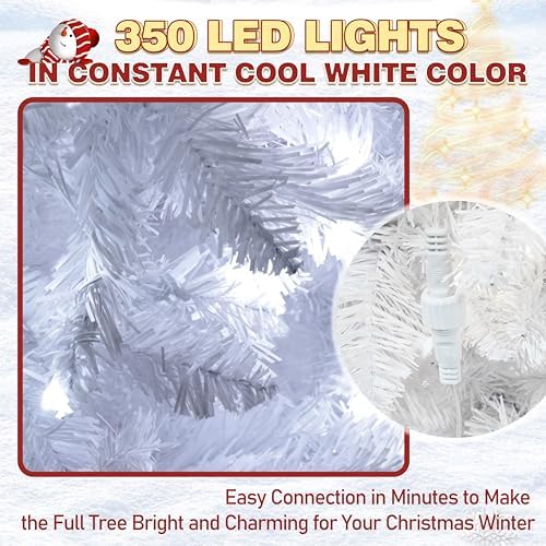 Yardenaler 7.5FT Artificial Christmas Tree with 350 LED Lights, 900 Branches Pre-Lit Pencil Christmas Tree, Slim Xmas Tree with Base for Indoor, Cool White Lights Festival Decoration for Party, White