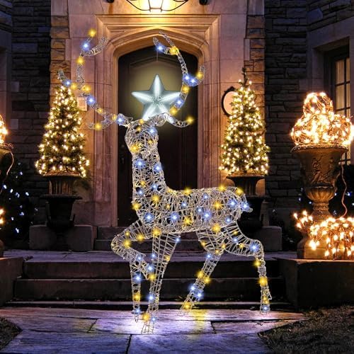 Goplus 4.6 FT Pre-Lit Christmas 3D Reindeer, 170 LED Lighted Christmas Buck with Zip Ties & Ground Stakes for Indoor & Outdoor Decor