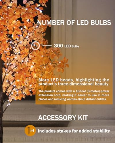 TYBEEU 6FT 5-Leaf Lucky Tree with 300 Warm White LEDs (Yellow&Red Leaves)