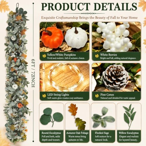 6FT Fall Garland with Lights for Autumn Mantel Decor