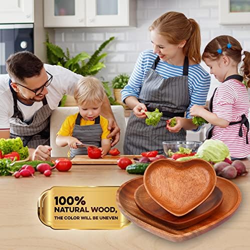 VieWood Heart Wooden Plates Set of 3 Unbreakable Classic Appetizer Plates, Easy Cleaning & Light weight for Dishes Snack, Dessert (Khaya, 4.1" & 6.3" & 8.7")
